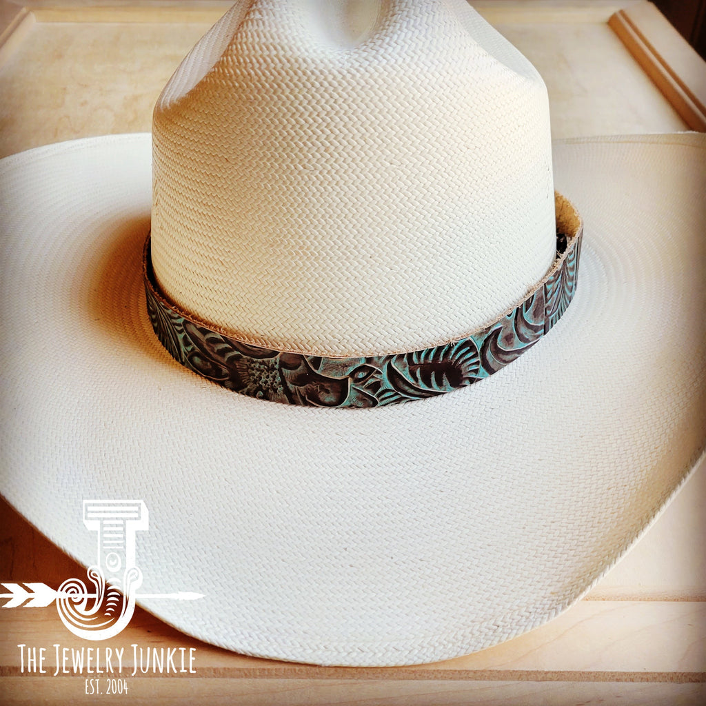 Brown and Turquoise Floral Embossed Leather Hat Band