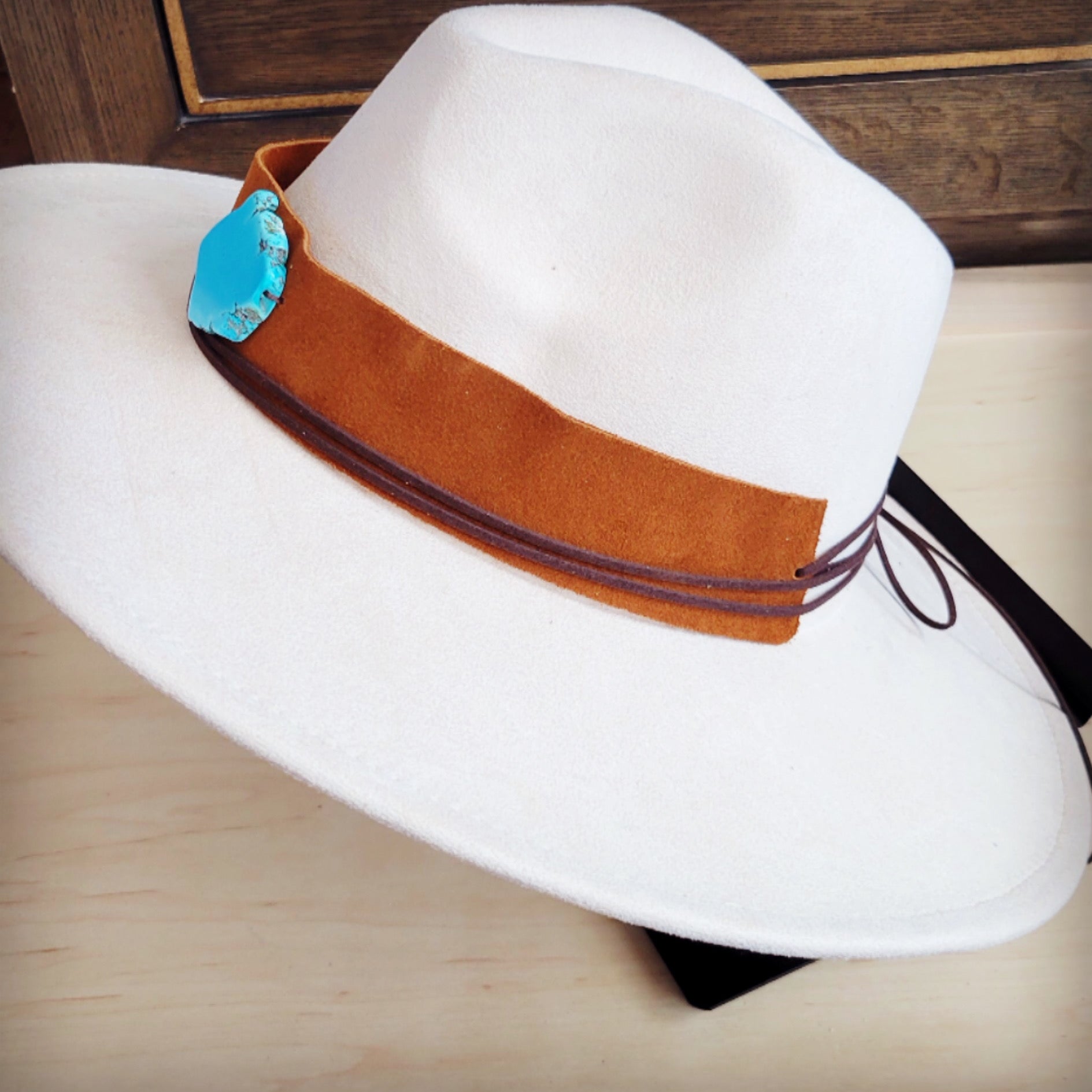 Cognac suede hat band with a turquoise-look slab, additional view