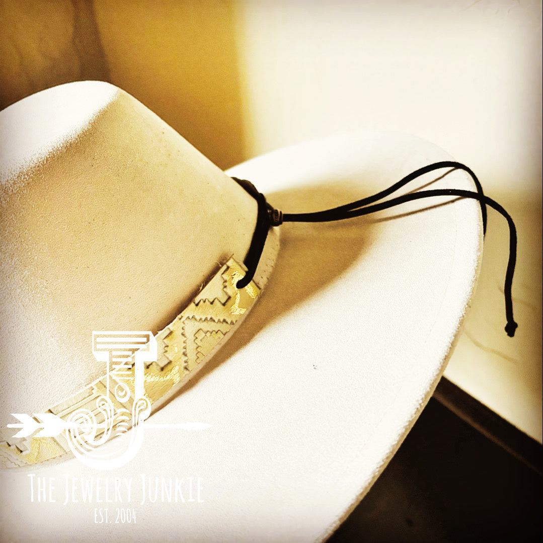 Gold Aztec Embossed Leather Hat Band with White Turquoise Slab