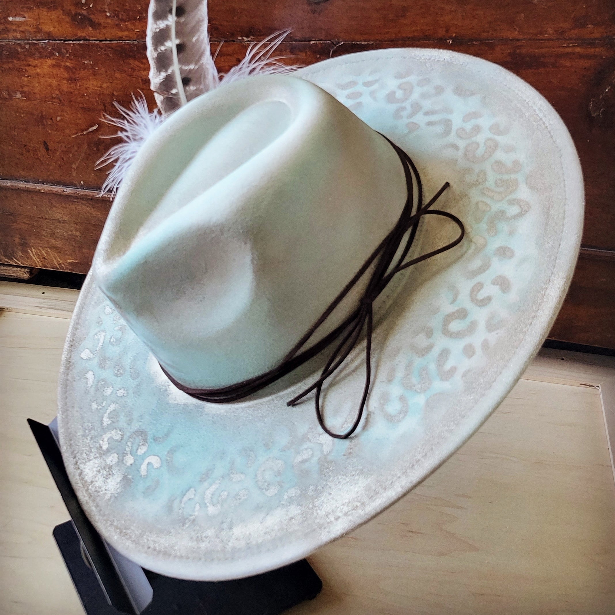 Hand-Painted Leopard Boho Western Cowgirl Hat and Band in Mint