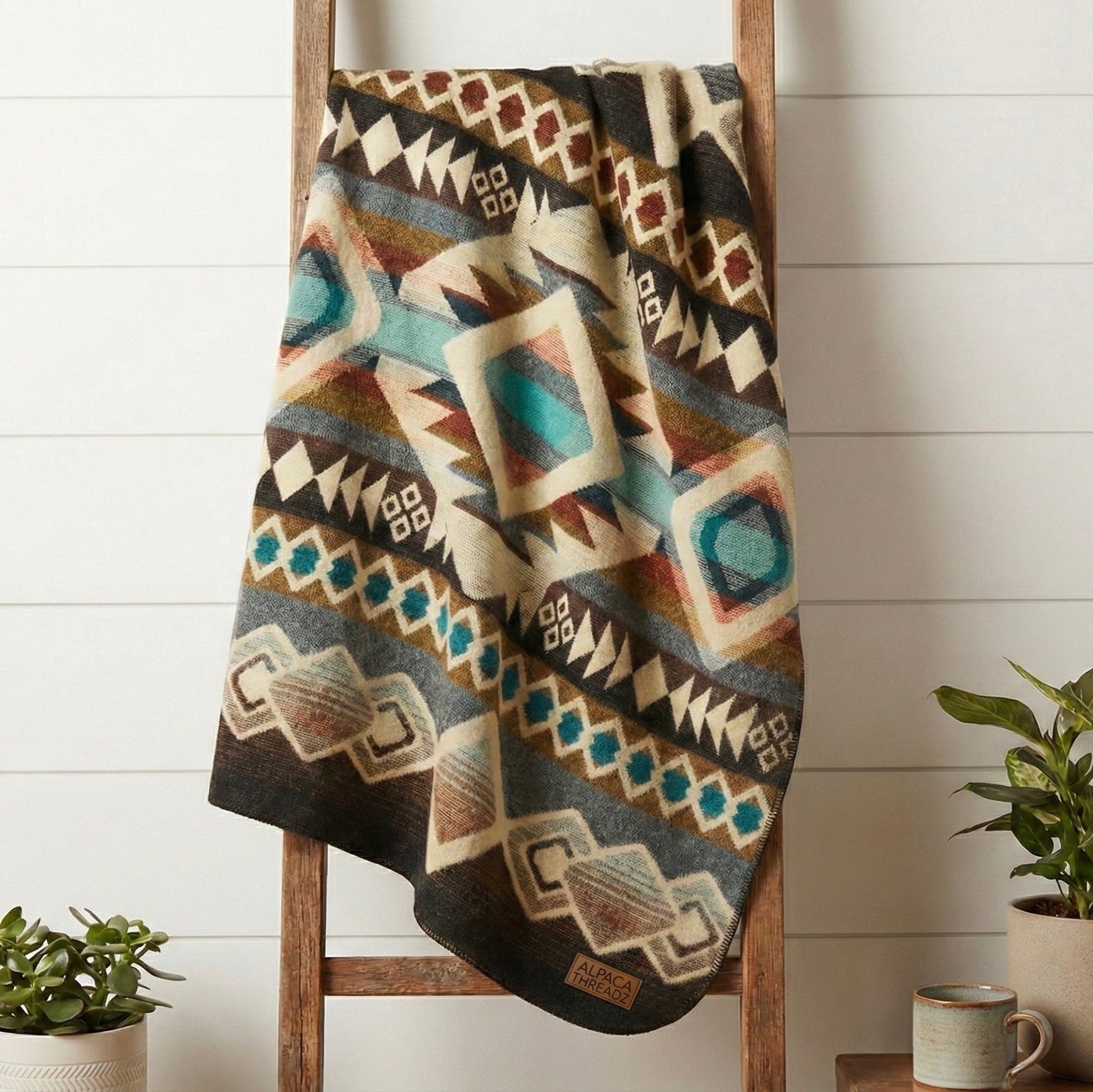Camel, cream and turquoise geometric alpaca blanket