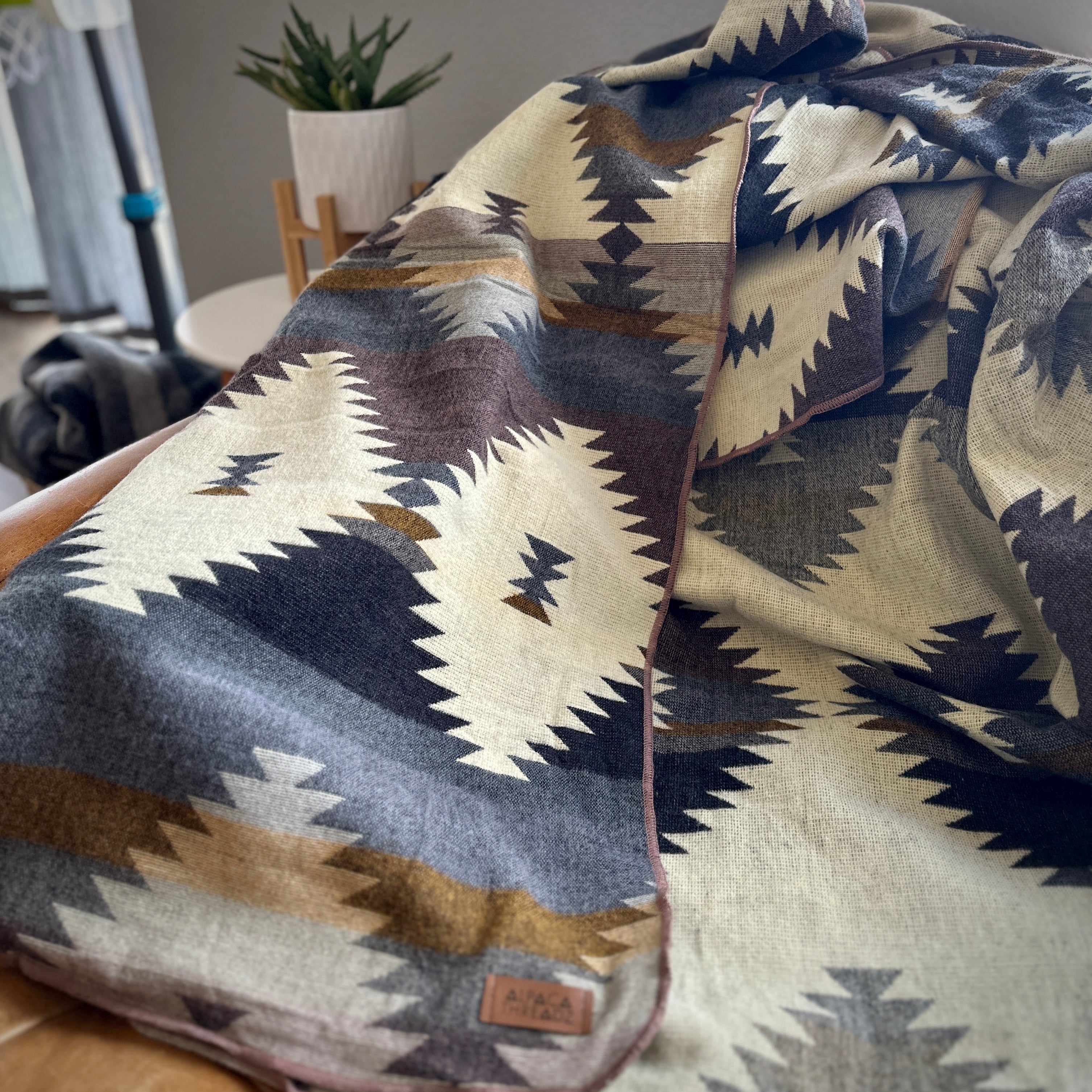 Heathered grey and tan with center diamond alpaca blanket, view 3