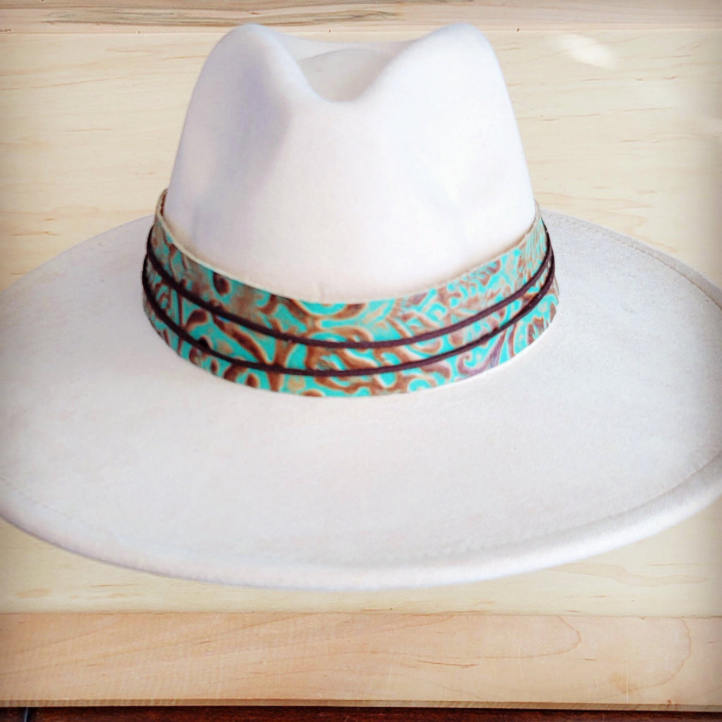 Wide Genuine Leather Cowboy Hat Band with Turquoise
