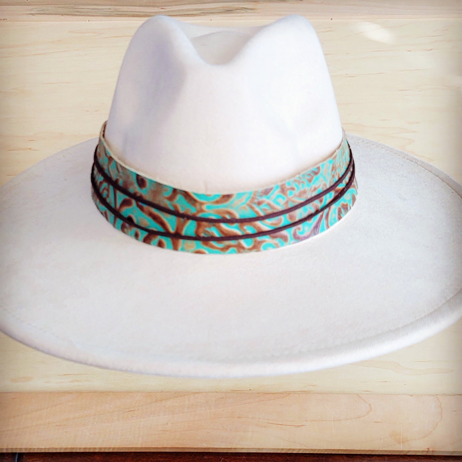 Wide Genuine Leather Cowboy Hat Band with Turquoise