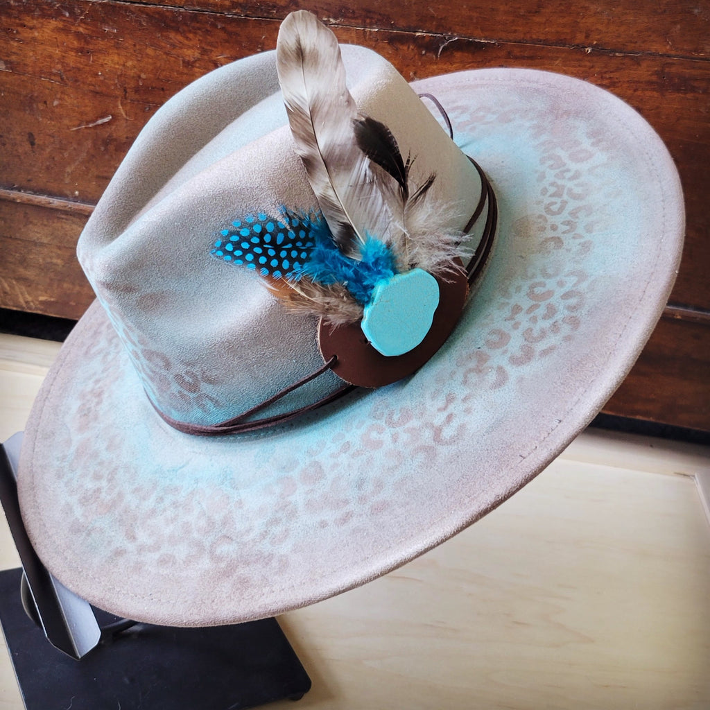 Hand-painted leopard cowgirl hat and band in turquoise and brown