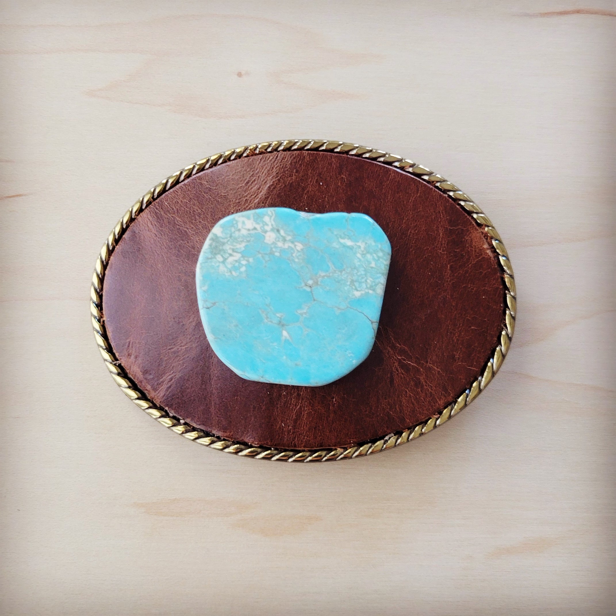 Rope edge light brown leather belt buckle with blue turquoise