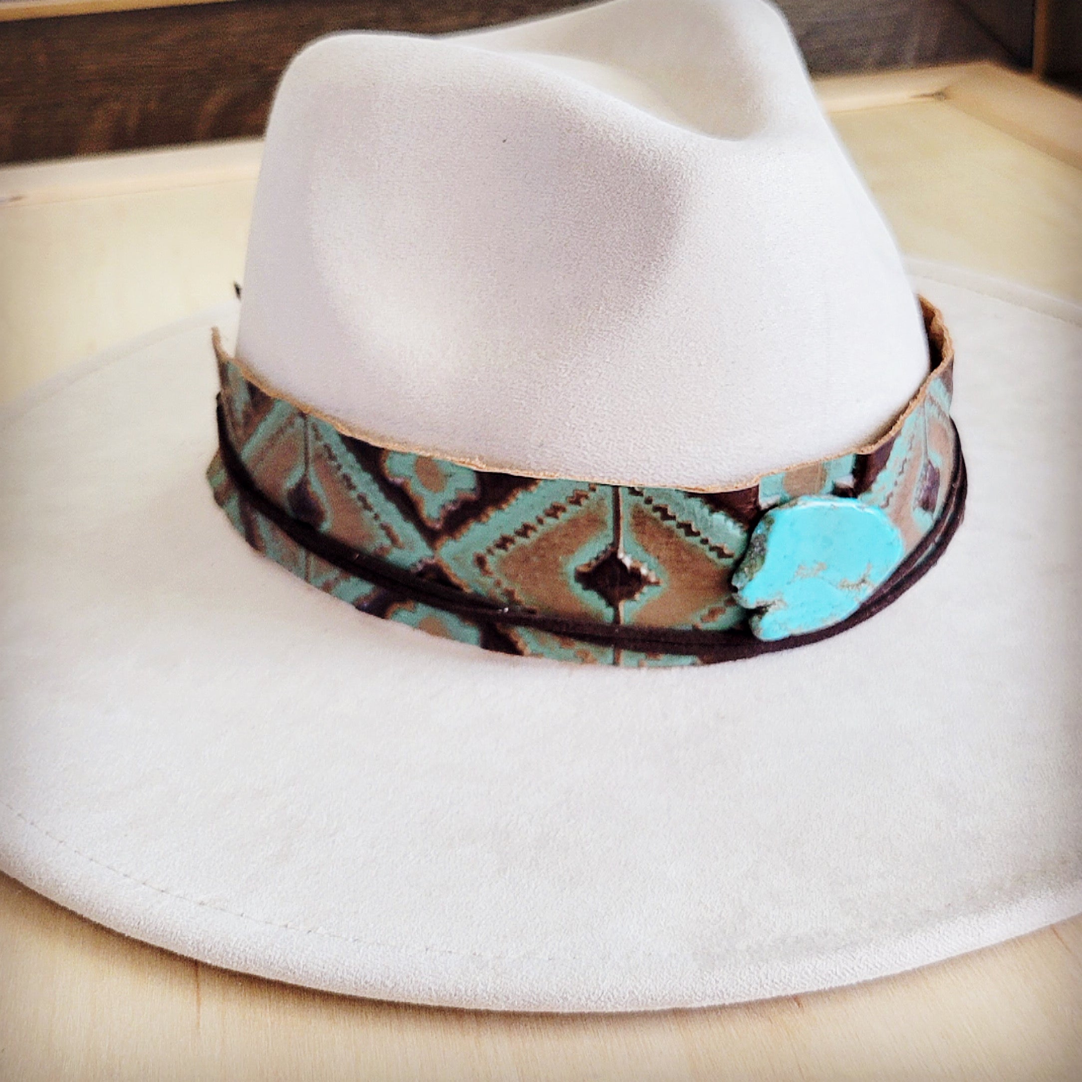 Southwest print tooled leather hat band with a turquoise-look slab, additional view