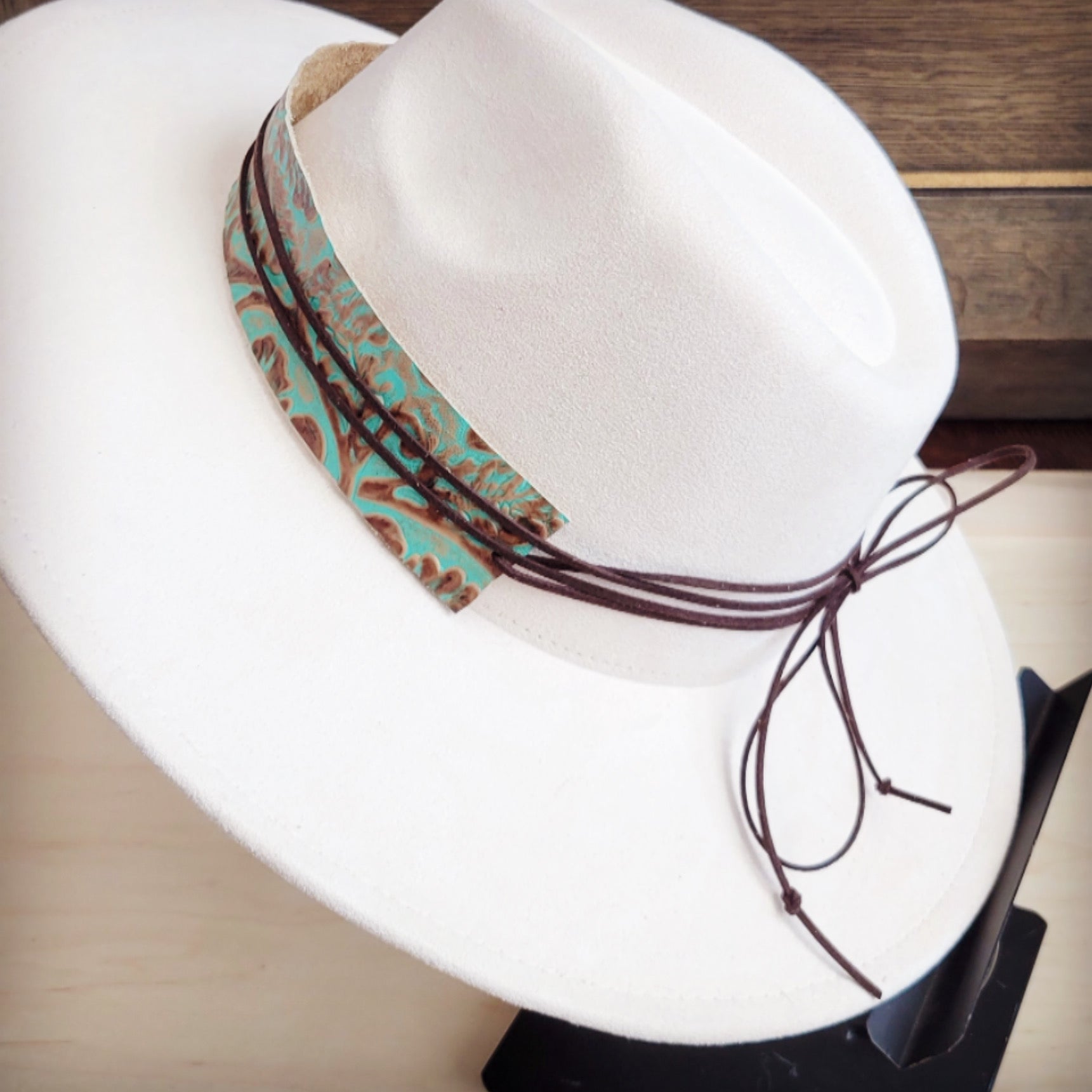 Wide Genuine Leather Cowboy Hat Band with Turquoise