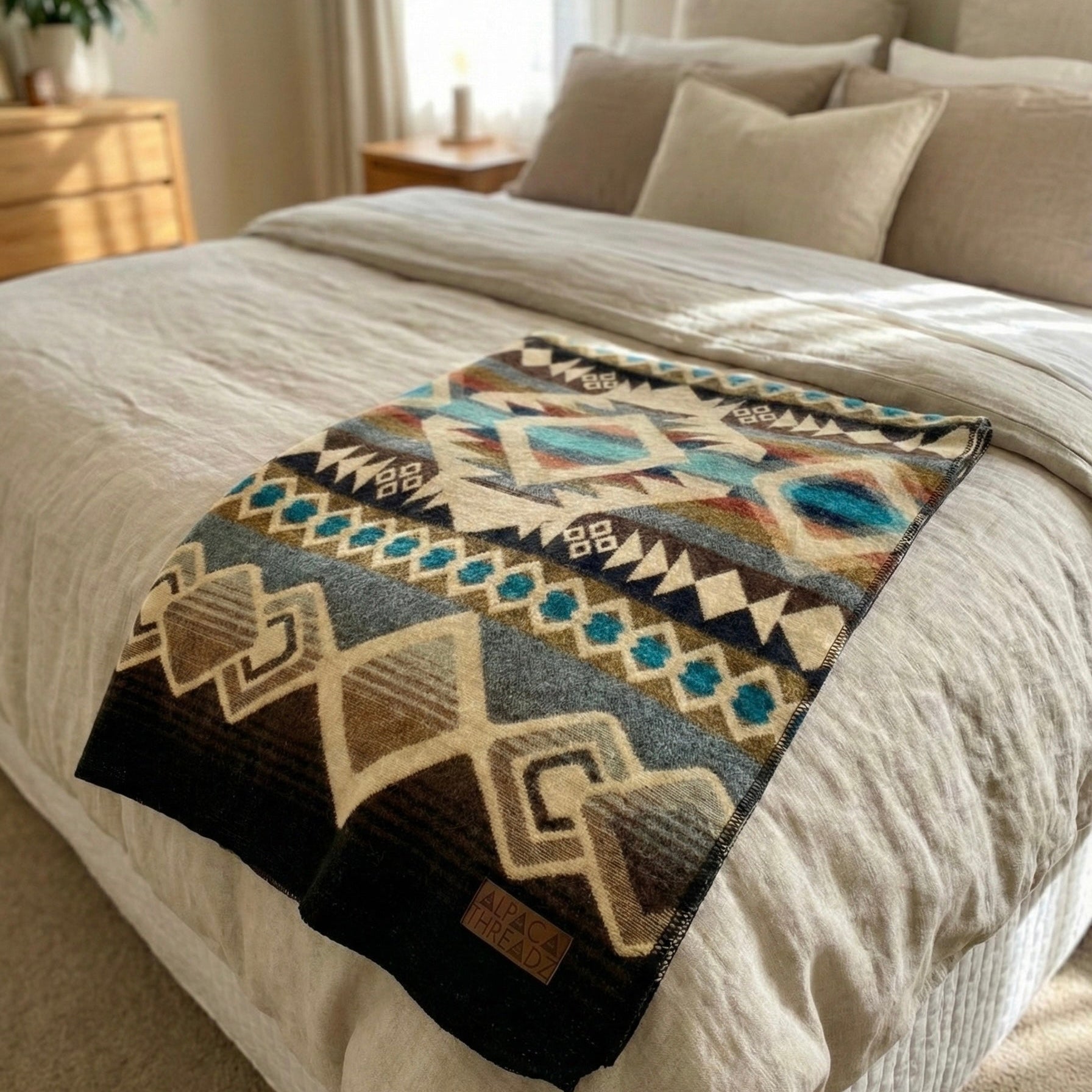 Camel, cream and turquoise geometric alpaca blanket, view 2