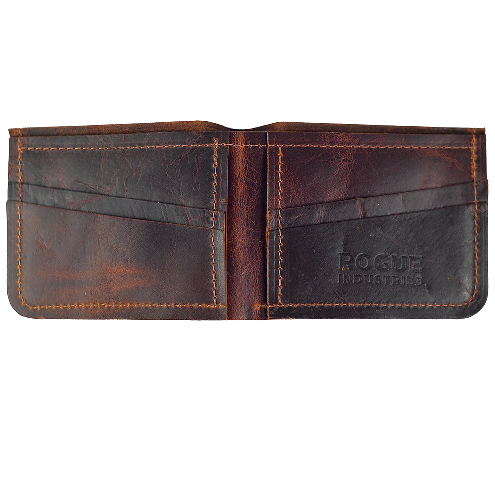 Heritage moose leather billfold wallet, open showing card slots