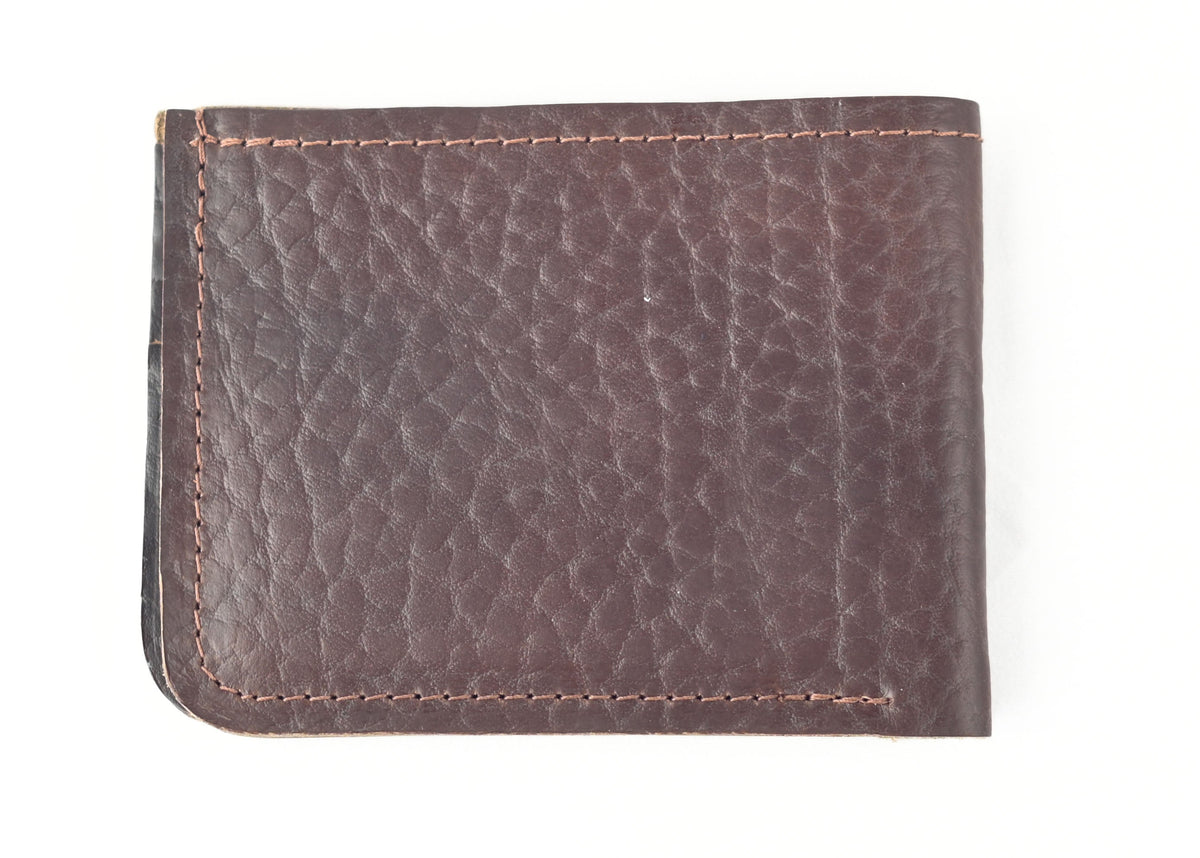 Heritage Horween bison leather wallet in dark brown with contrast stitching, closed