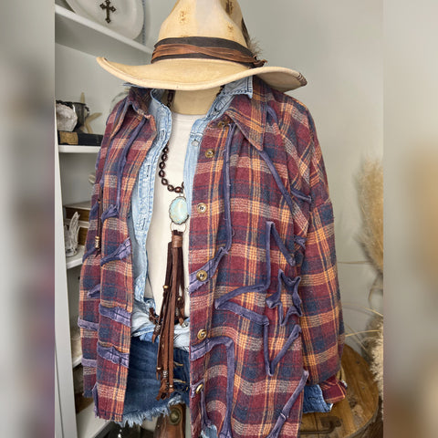 Cropped plaid flannel shirt with denim star detail