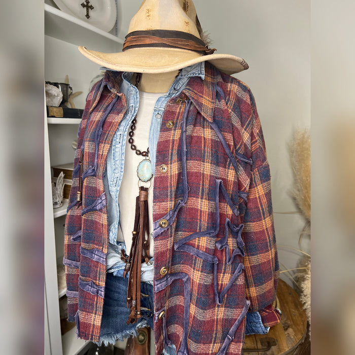 Cropped plaid flannel shirt with denim star detail