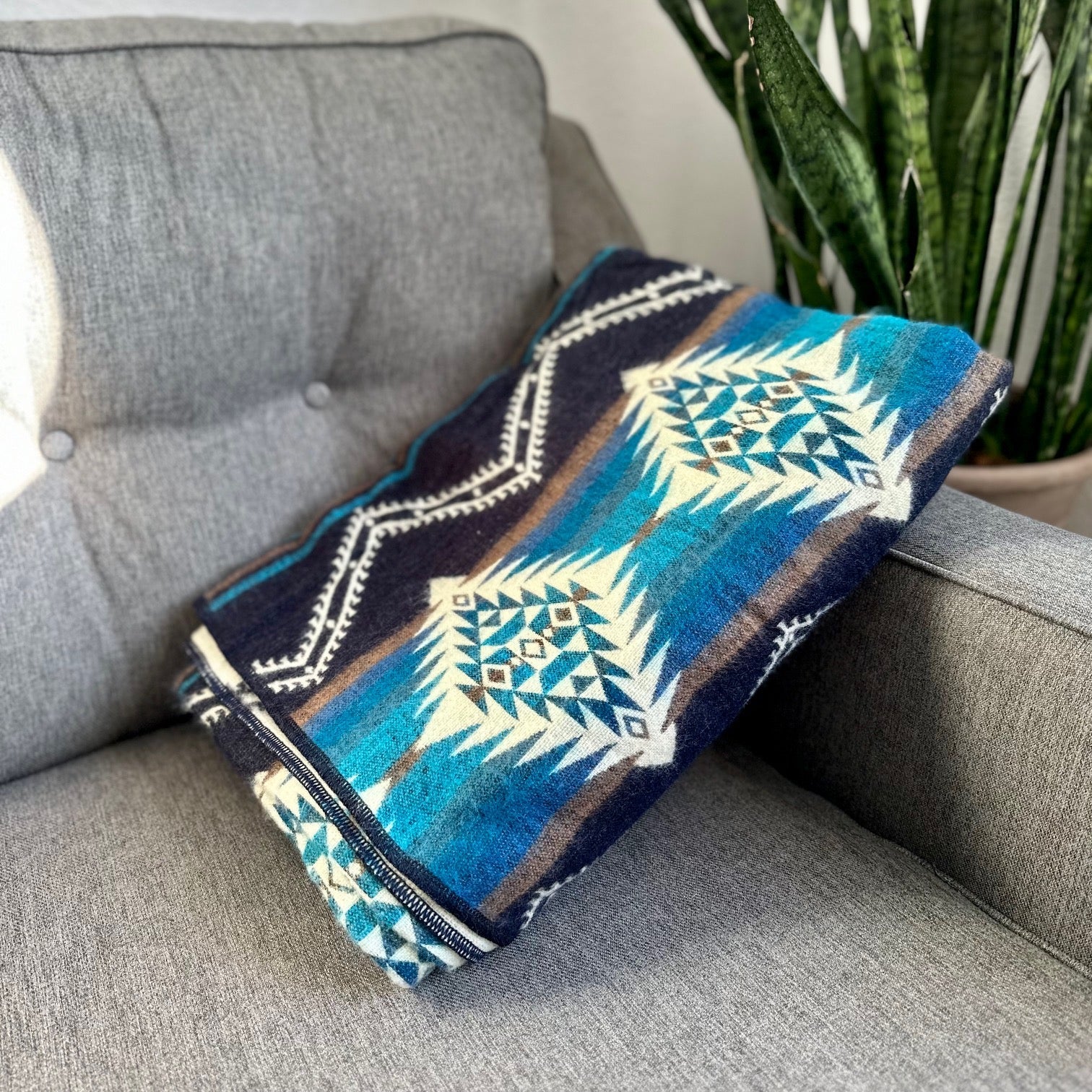 Cobalt and teal blue geometric alpaca blanket, view 3