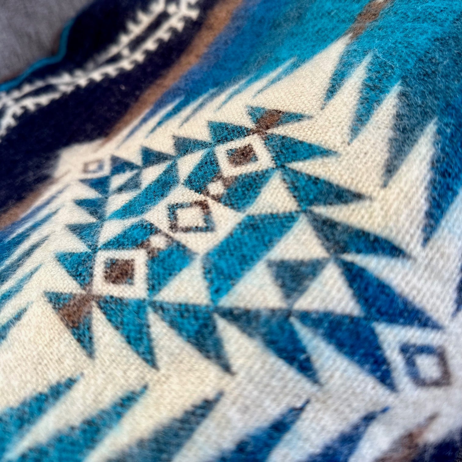 Cobalt and teal blue geometric alpaca blanket, view 4