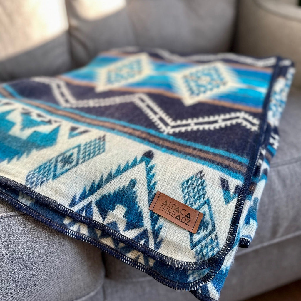 Cobalt and teal blue geometric alpaca blanket, view 5