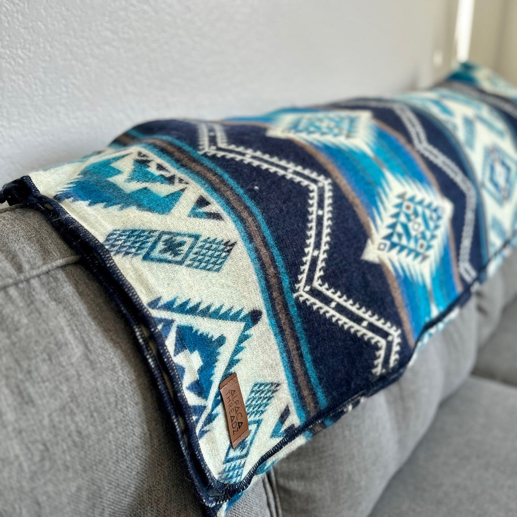 Cobalt and teal blue geometric alpaca blanket, view 6