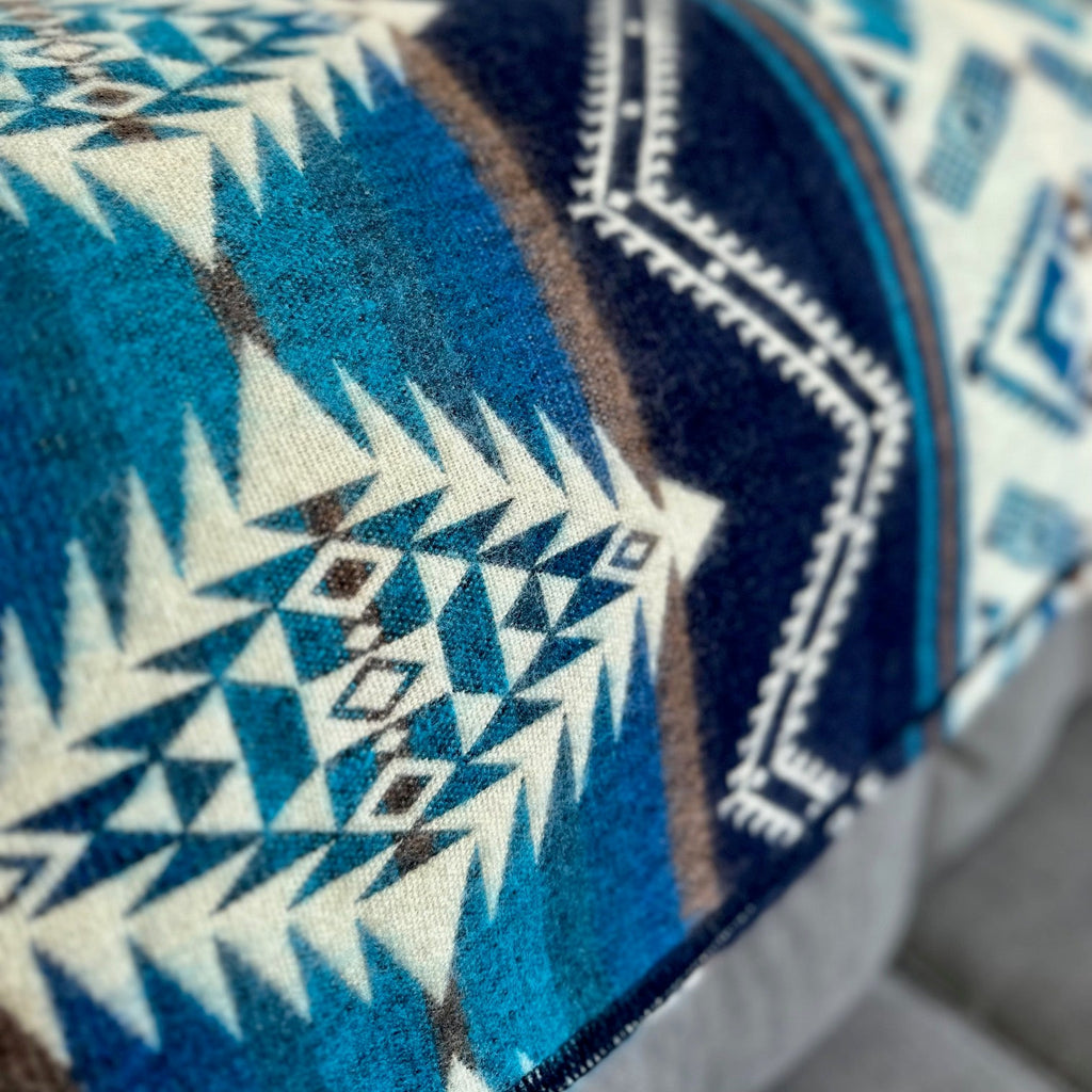 Cobalt and teal blue geometric alpaca blanket, view 8