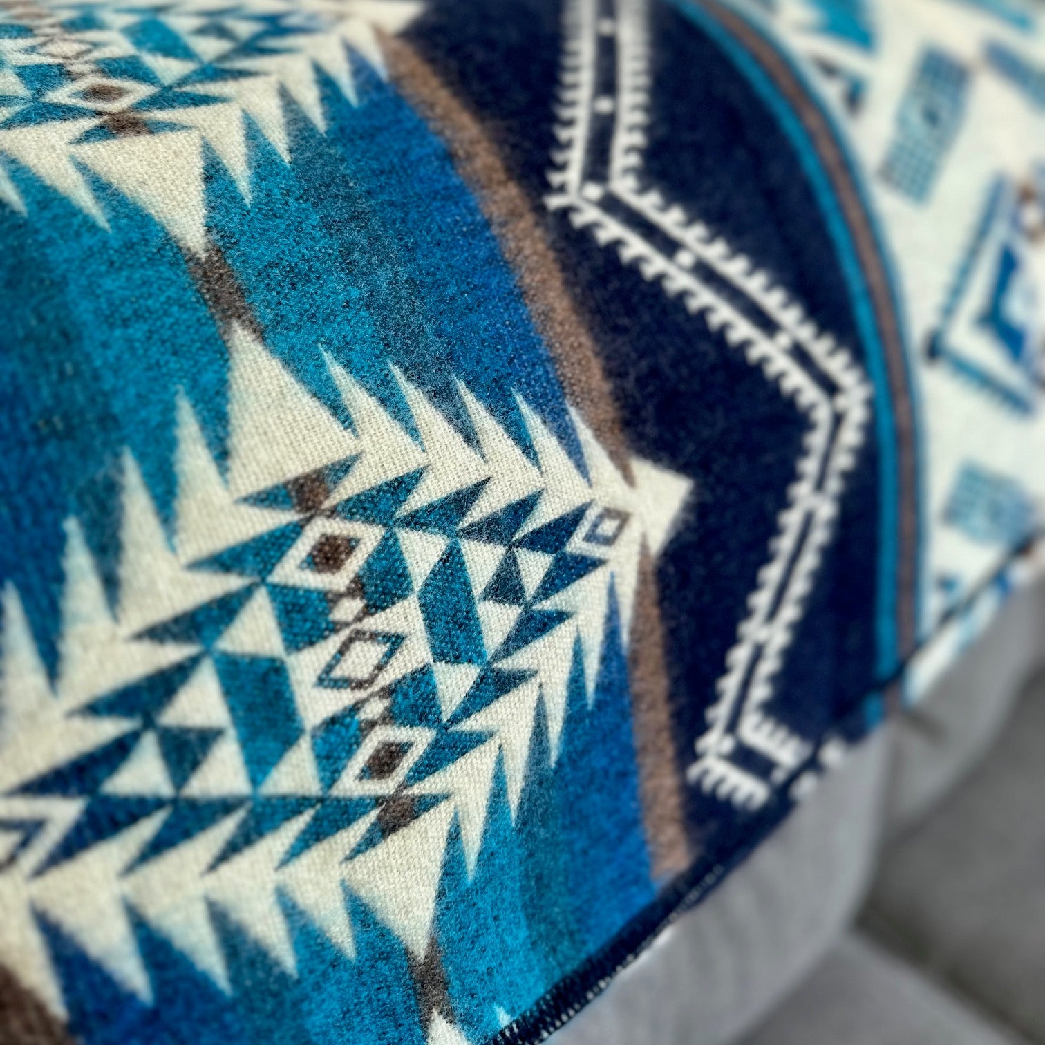 Cobalt and teal blue geometric alpaca blanket, view 8