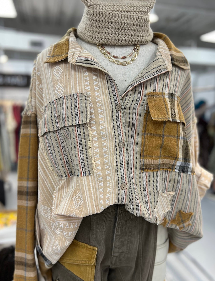 Plaid button shirt with fabric stars on the back