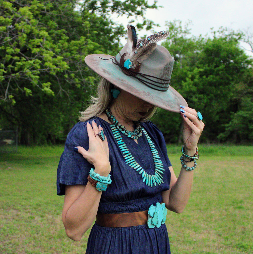 Hand-Painted Leopard Boho Western Cowgirl Hat and Band in Turquoise Brown