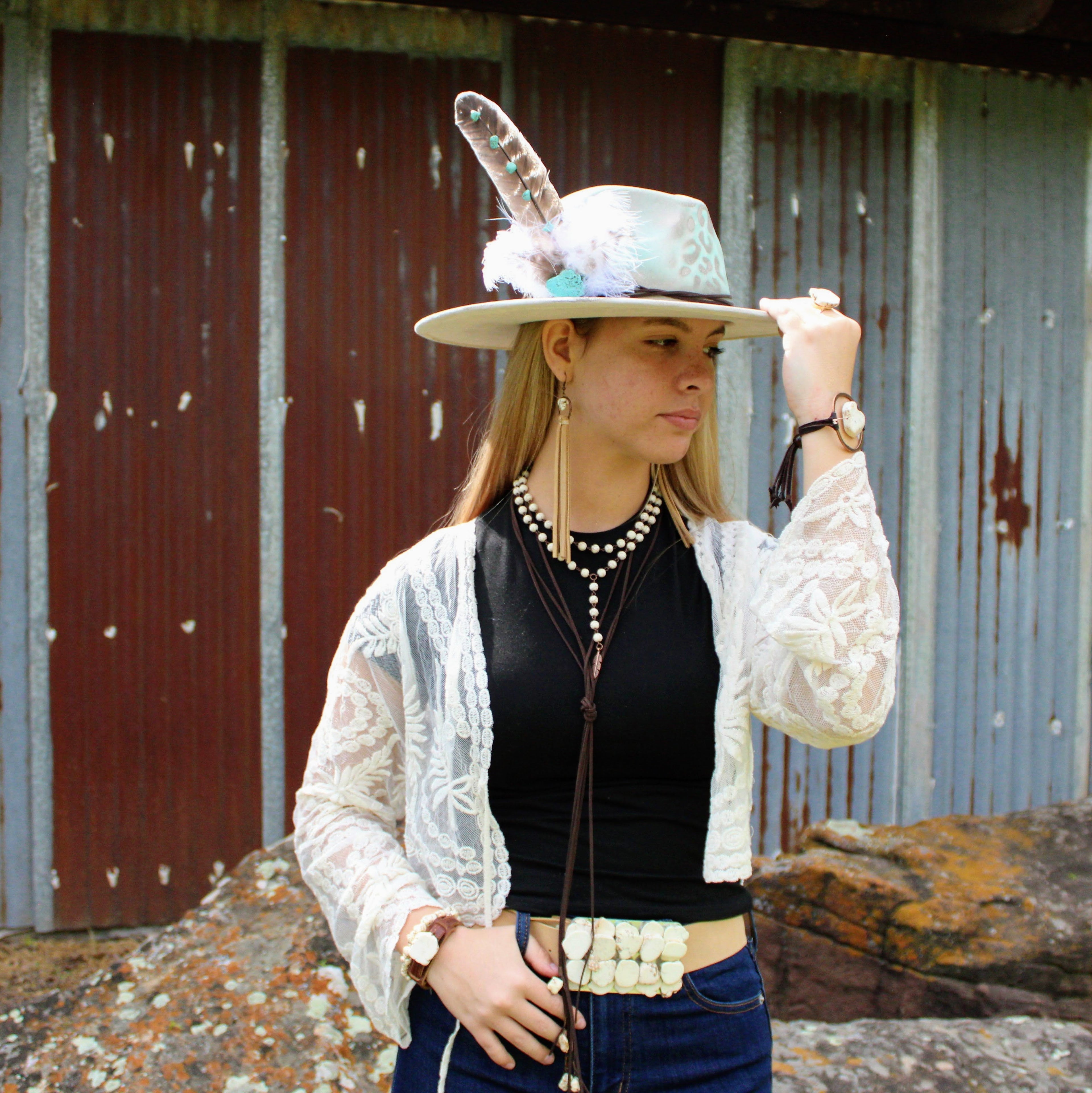 Hand-Painted Leopard Boho Western Cowgirl Hat and Band in Mint