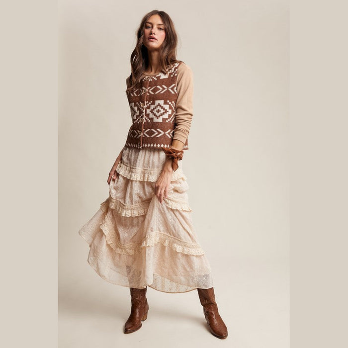 Cream tiered lace prairie skirt with handkerchief hem
