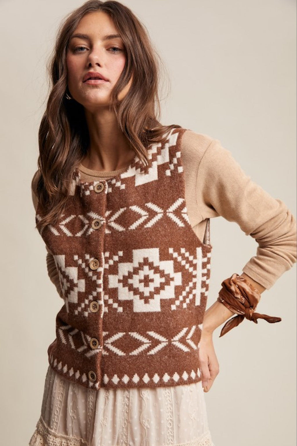 Brown and cream southwestern knit button vest