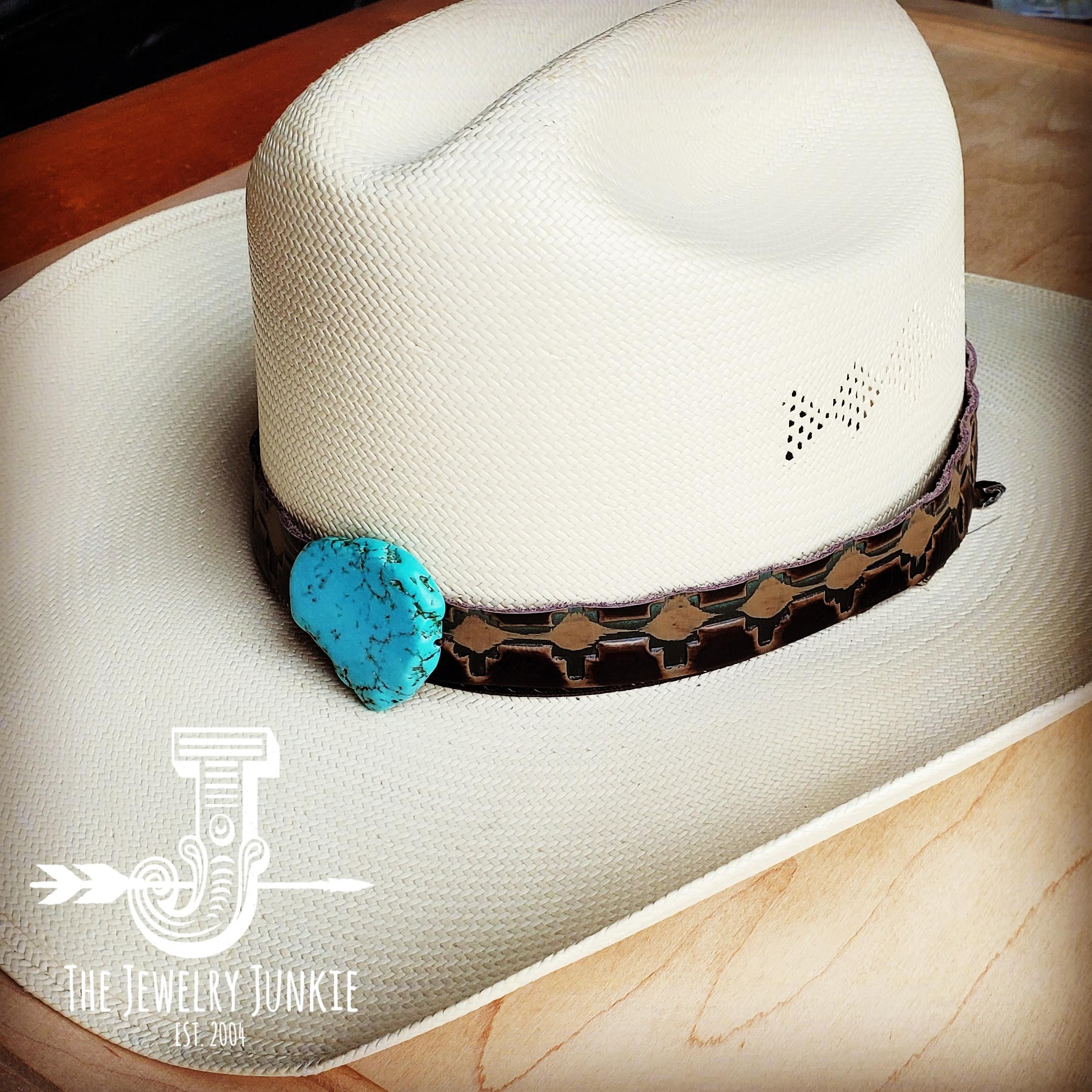 Navajo Embossed Leather Hat Band with Turquoise Slab