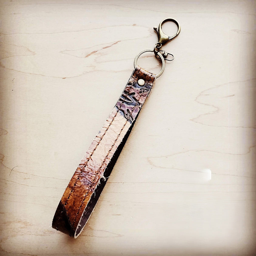 Tan steer embossed leather wristlet key chain with a swivel clip