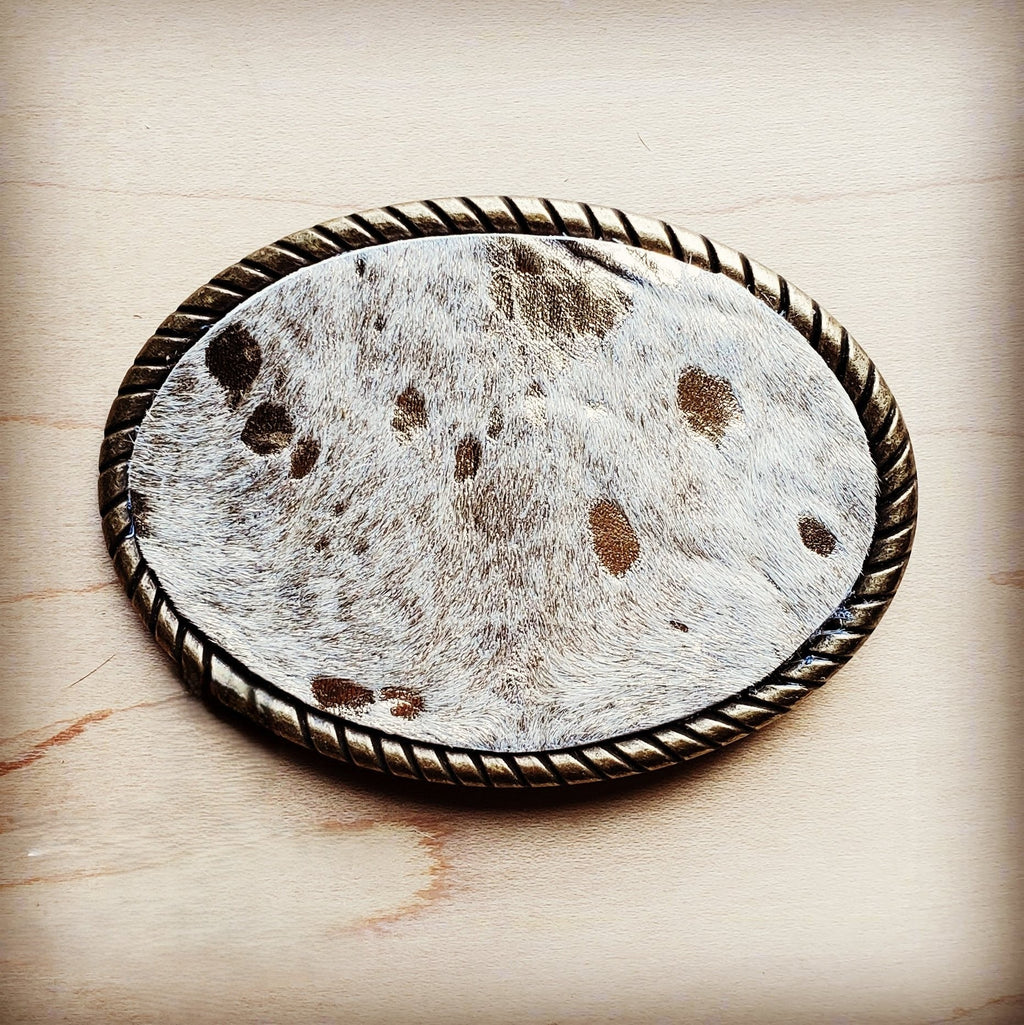 Rope edge belt buckle in white spotted hair on hide, additional view