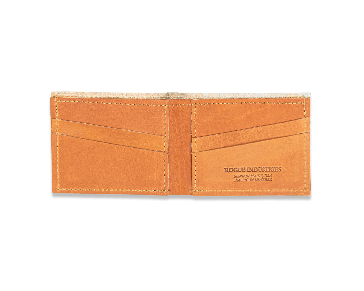 Heritage baseball glove leather wallet open, showing four card slots and the Rogue Industries Sewn in Maine stamp