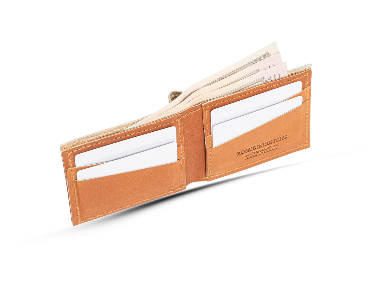 Heritage baseball glove leather wallet open at an angle with cash and cards