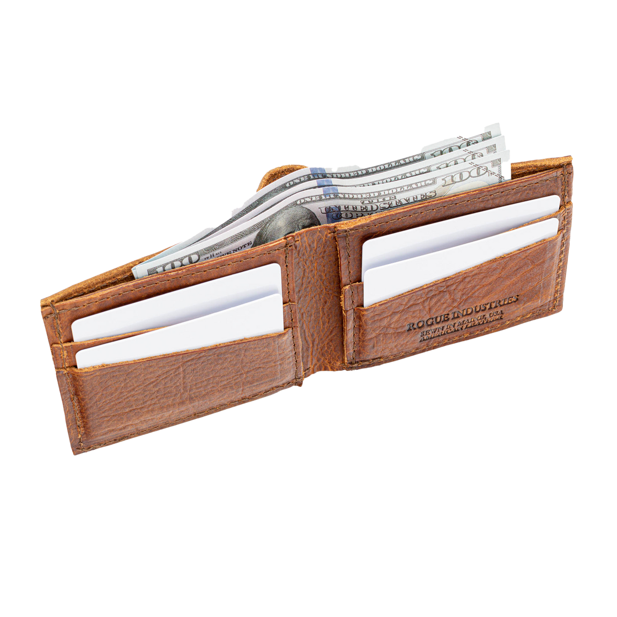 Heritage brown bison leather wallet open at an angle with cash