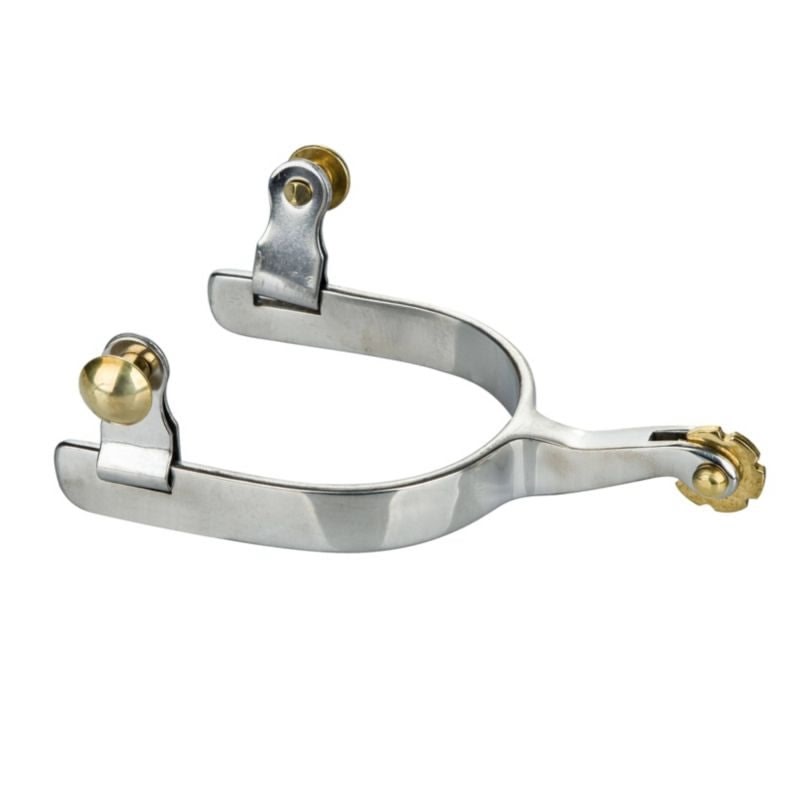 Plain polished stainless steel working spur with solid brass buttons and a small blunt brass rosebud rowel