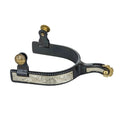 Blued steel roping spur with a black finish, engraved silver band trim, rope edge detail and a blunt brass rowel