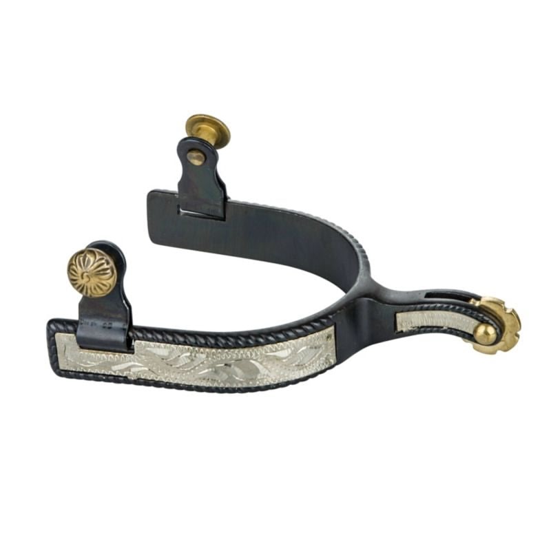 Blued steel roping spur with a black finish, engraved silver band trim, rope edge detail and a blunt brass rowel