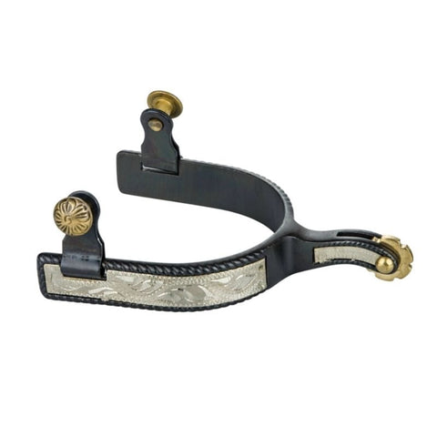 Blued steel roping spur with a black finish, engraved silver band trim, rope edge detail and a blunt brass rowel