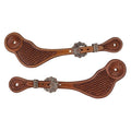 Pair of chestnut leather spur straps stamped with a tight basket weave, a sunburst rosette pressed into the wide end and engraved conchos at the buckles