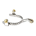 Stainless steel roping spur with a twisted rope band, round brass buttons and a brass ten point rowel