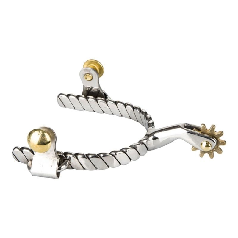 Twisted rope band stainless steel roping spur, second view showing the heel side of the band and the brass rowel
