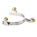 Polished stainless steel ladies roping spur with an engraved rose pattern across the band and shank and a brass spinning rowel