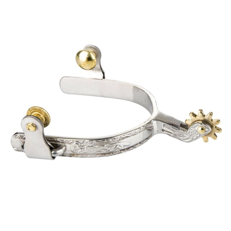 Polished stainless steel ladies roping spur with an engraved rose pattern across the band and shank and a brass spinning rowel