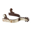 Antiqued brown show spur with a hand engraved silver band, a brass longhorn head at center and a blunt brown spinning rowel