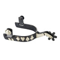 Black steel western show spur with silver heart, diamond, spade and club inlays along the band, engraved silver on the shank and a pointed star rowel