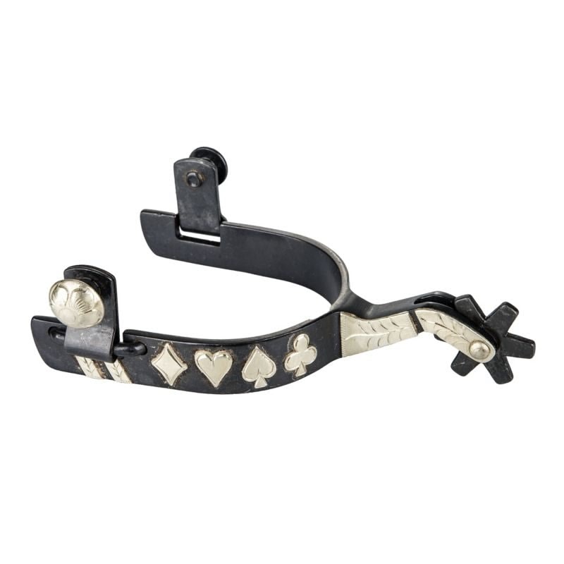 Black steel western show spur with silver heart, diamond, spade and club inlays along the band, engraved silver on the shank and a pointed star rowel
