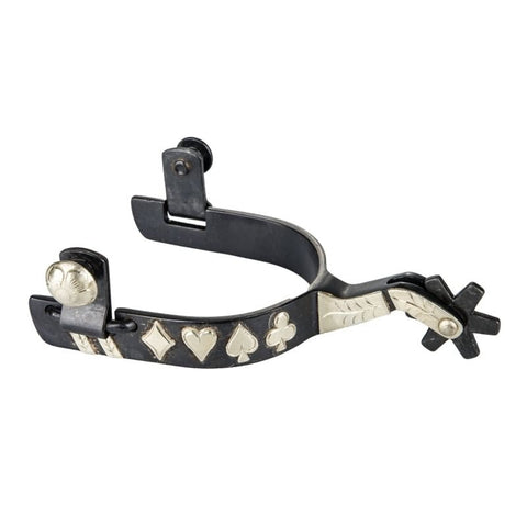 Black steel western show spur with silver heart, diamond, spade and club inlays along the band, engraved silver on the shank and a pointed star rowel