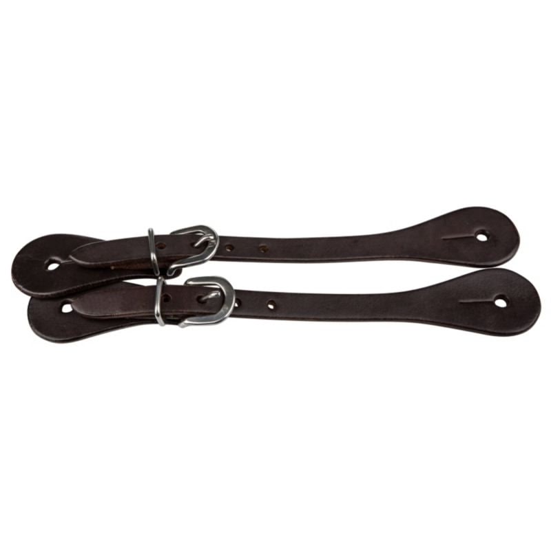 Pair of chestnut brown saddle leather youth spur straps with silver heel buckles, same shaped western pattern in the darker color