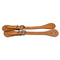 Pair of light oil tan saddle leather youth spur straps, shaped wide at the buckle and tapering to a rounded end, with silver heel buckles