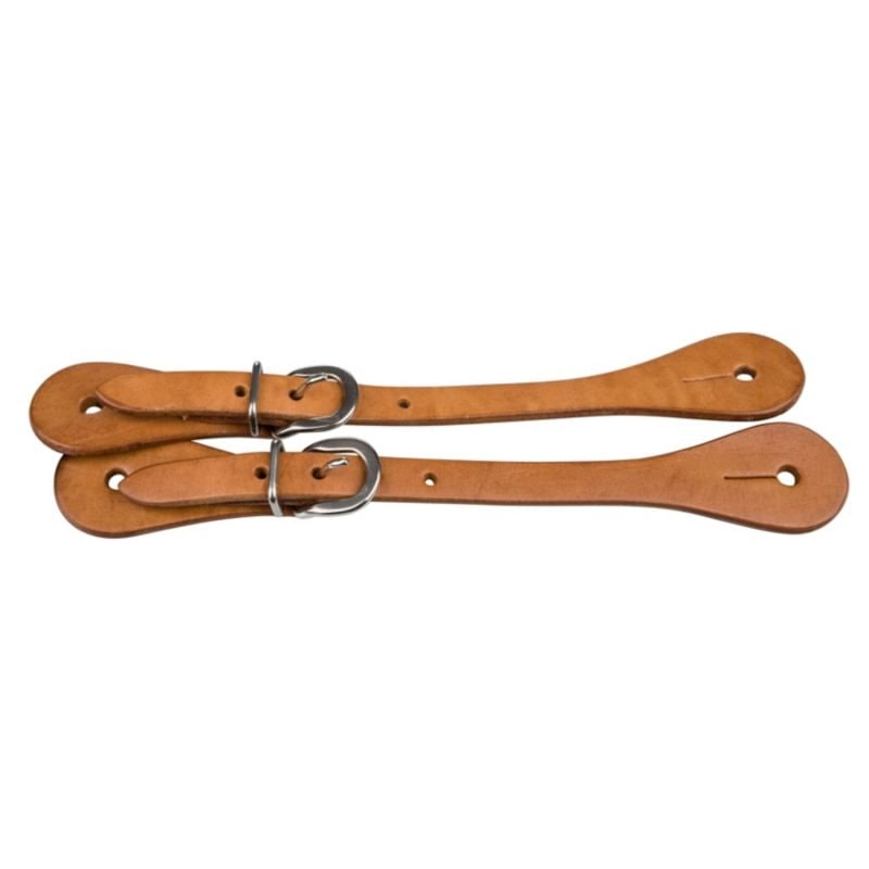 Pair of light oil tan saddle leather youth spur straps, shaped wide at the buckle and tapering to a rounded end, with silver heel buckles